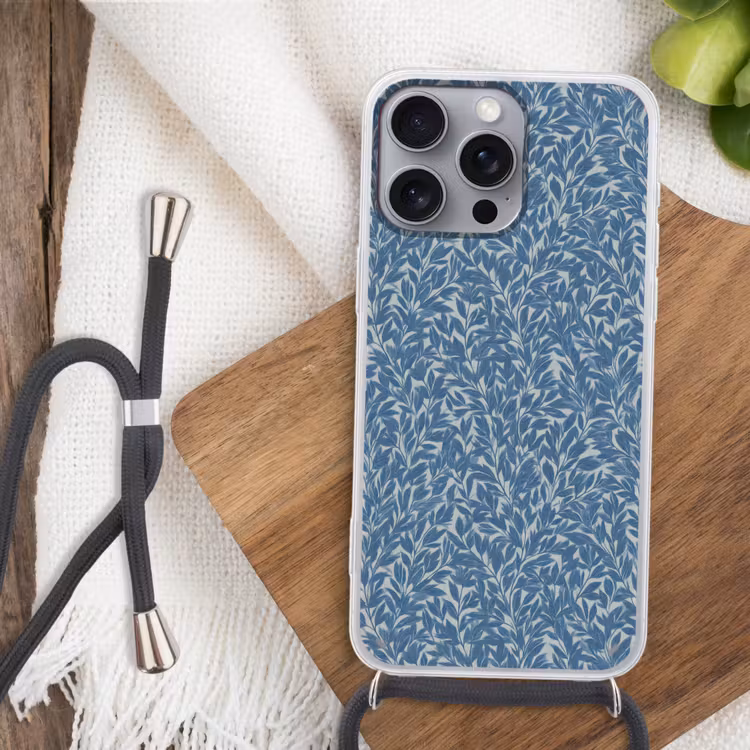 Bladeren - Klassiek - Patroon - Donkerblauw - Vintage Hoesje iPhone 16 Pro Max met koord klein 804 -sfeer4