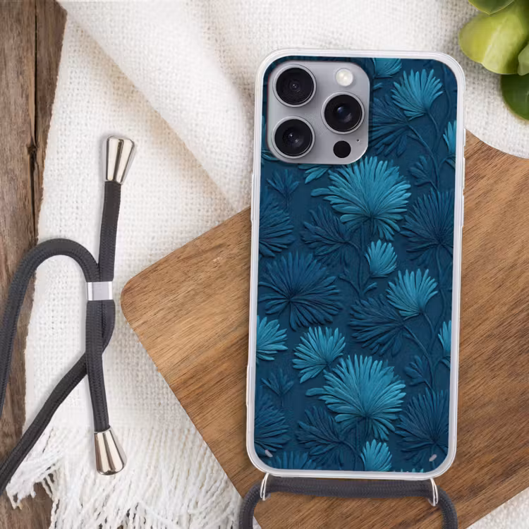 Bladeren - Reliëf - Patroon - Oceaanblauw - Modern Hoesje iPhone 16 Pro Max met koord klein 804 -sfeer4