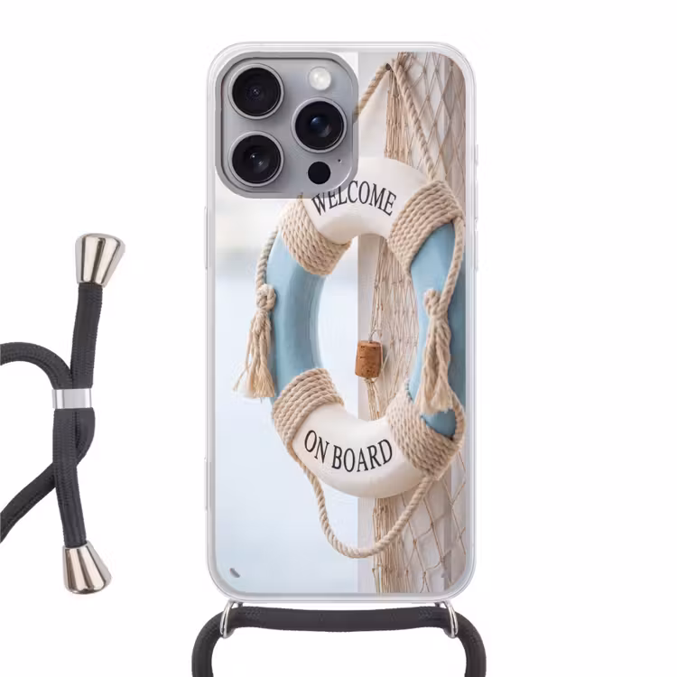 Reddingsboei - Maritiem - Welkom - Blauw - Wit Hoesje iPhone 16 Pro Max met koord klein -3d