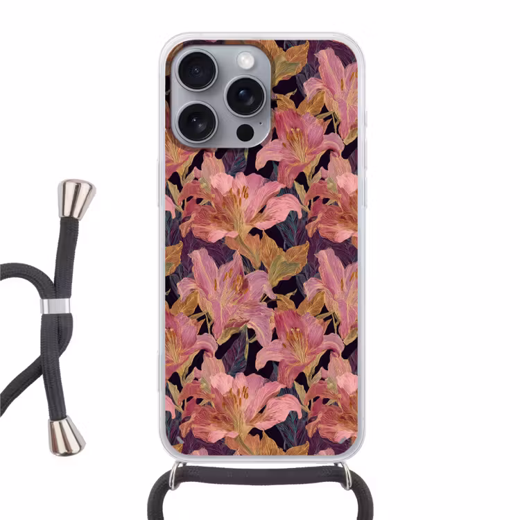 Lelies - Patroon - Roze - Goud Hoesje iPhone 16 Pro Max met koord klein 804 -3d