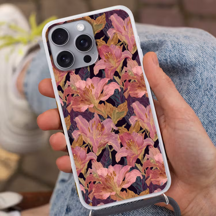Lelies - Patroon - Roze - Goud Hoesje iPhone 16 Pro Max met koord klein 804 -sfeer3