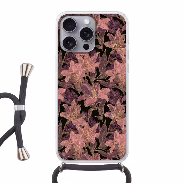 Lelies - Patroon - Paars - Goud Hoesje iPhone 16 Pro Max met koord klein 804 -3d