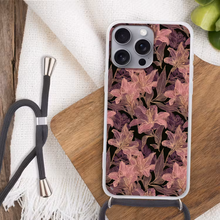 Lelies - Patroon - Paars - Goud Hoesje iPhone 16 Pro Max met koord klein 804 -sfeer4