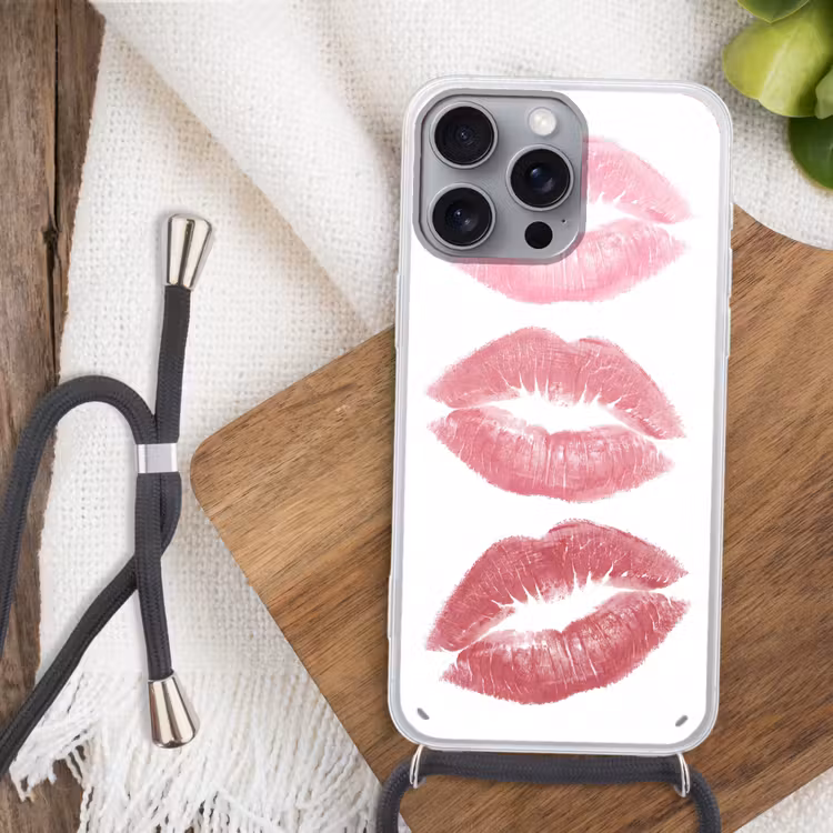 Lippen - Kusafdruk - Roze - Modern - Abstract Hoesje iPhone 16 Pro Max met koord klein -sfeer4