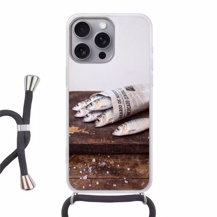 Phone case crossbody - Little Sardine - newspaper - cutting board - Sardientje - krant - snijplank Hoesje iPhone 16 Pro Max met koord klein