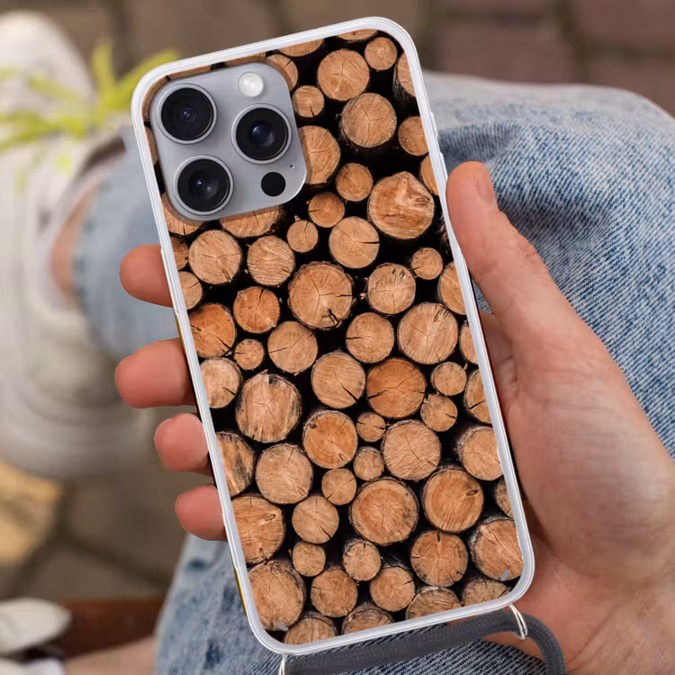Houtblokken - Textuur - Patroon - Bruin - Rustiek Hoesje iPhone 16 Pro Max met koord klein -sfeer3