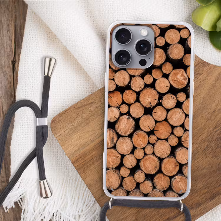 Houtblokken - Textuur - Patroon - Bruin - Rustiek Hoesje iPhone 16 Pro Max met koord klein -sfeer4