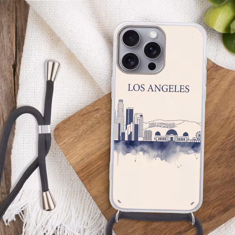 Los Angeles - Skyline - Architectuur - Aquarel - Blauw Hoesje iPhone 16 Pro Max met koord klein -sfeer4