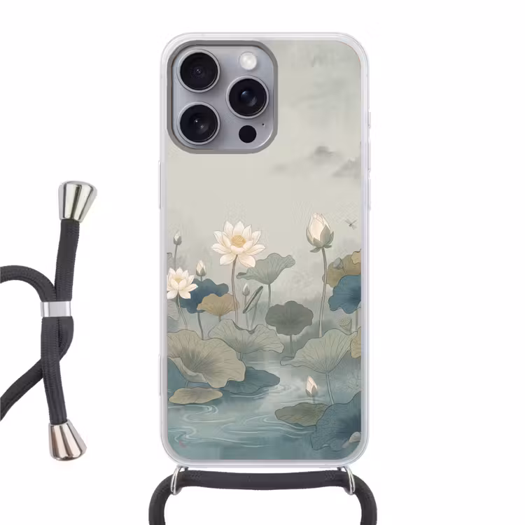 Lotus - Bloemen - Groen Hoesje iPhone 16 Pro Max met koord klein -3d