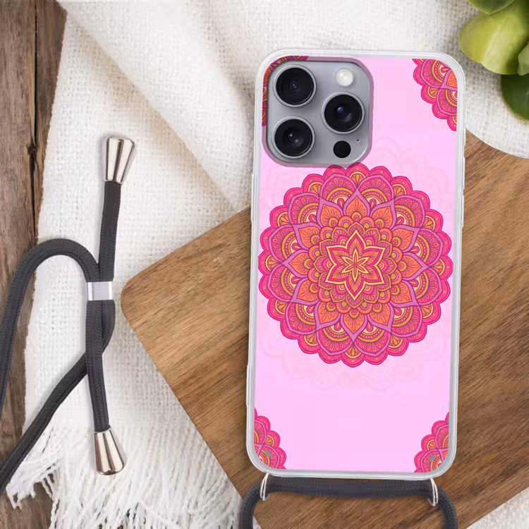 Mandala - Cirkel - Spiritueel - Oosters - Roze Hoesje iPhone 16 Pro Max met koord klein -sfeer4