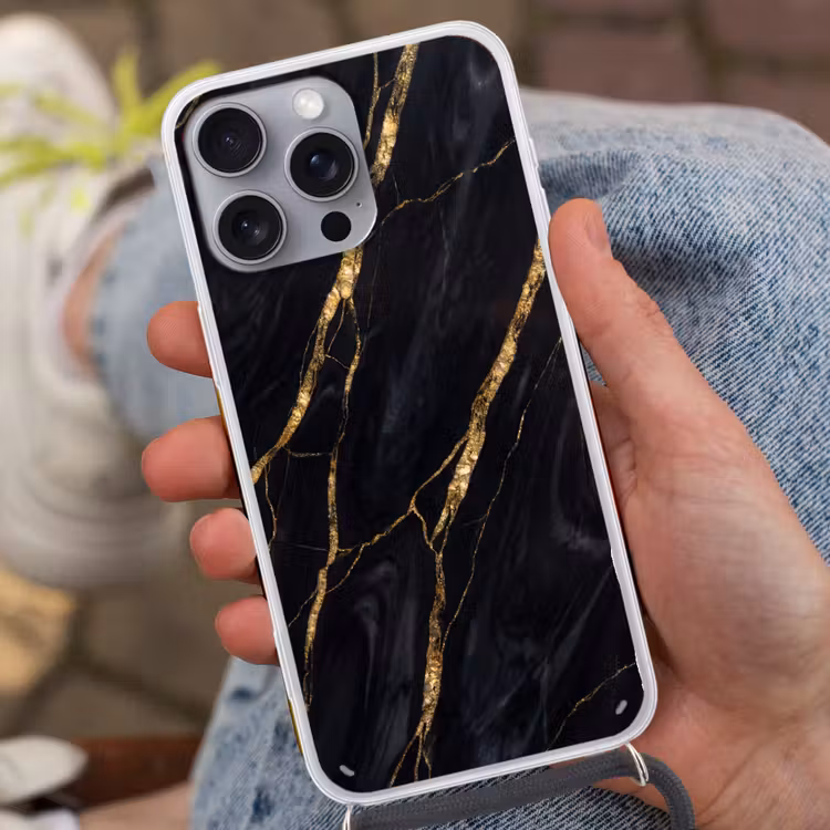 Marmer - Gouden aders - Abstract - Zwart Hoesje iPhone 16 Pro Max met koord klein -sfeer3