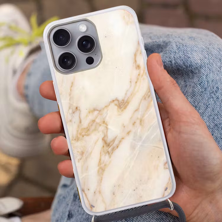 Marmer - Ader - Abstract - Wit - Goud Hoesje iPhone 16 Pro Max met koord klein -sfeer3