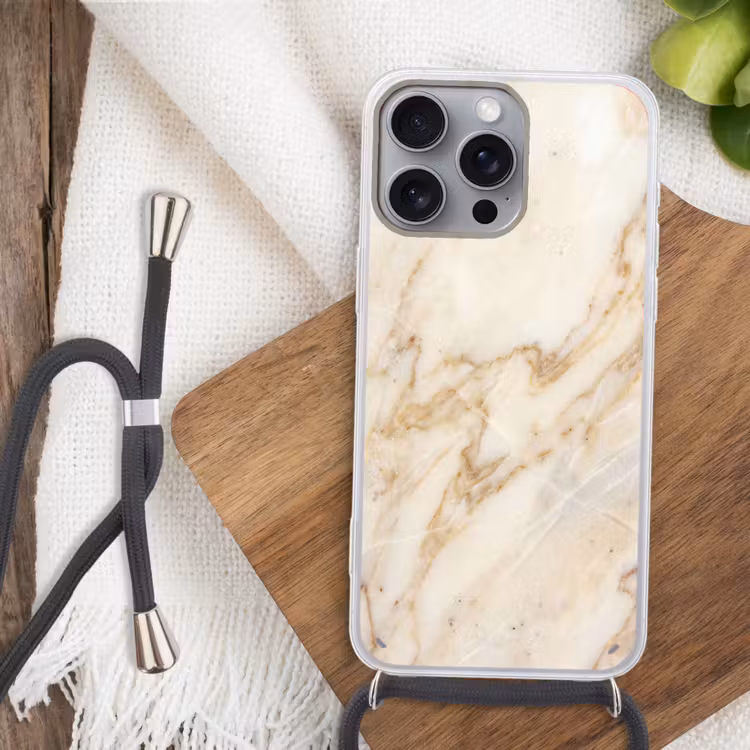 Marmer - Ader - Abstract - Wit - Goud Hoesje iPhone 16 Pro Max met koord klein -sfeer4