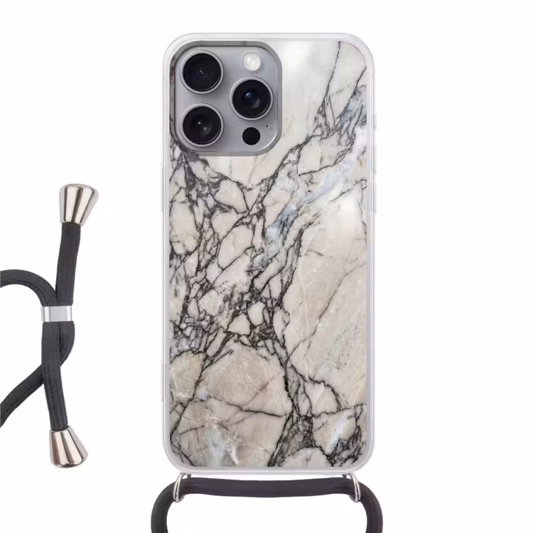 Marmer - Aderen - Patroon - Wit - Grijs Hoesje iPhone 16 Pro Max met koord klein -3d