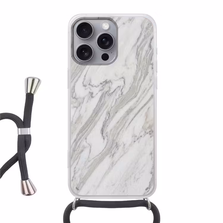 Marmer - Wit - Grijs - Structuur - Modern Hoesje iPhone 16 Pro Max met koord klein -3d