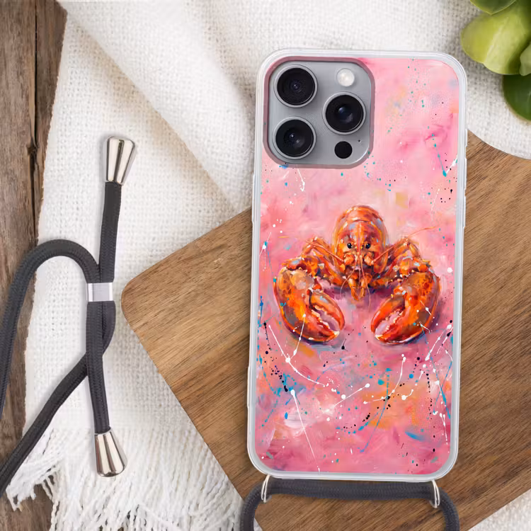 Zeeleven - Kreeft - Spatters - Abstract - Roze Hoesje iPhone 16 Pro Max met koord klein -sfeer4