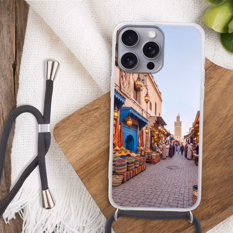 Phone case crossbody - Market - Oriental - Colorful - Markt - Oosters - Kleurrijk Hoesje iPhone 16 Pro Max met koord klein