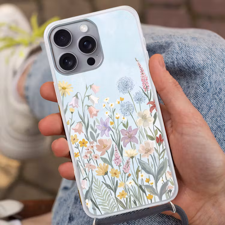 Weidebloemen - Illustratie - Kleurrijk Hoesje iPhone 16 Pro Max met koord klein -sfeer3