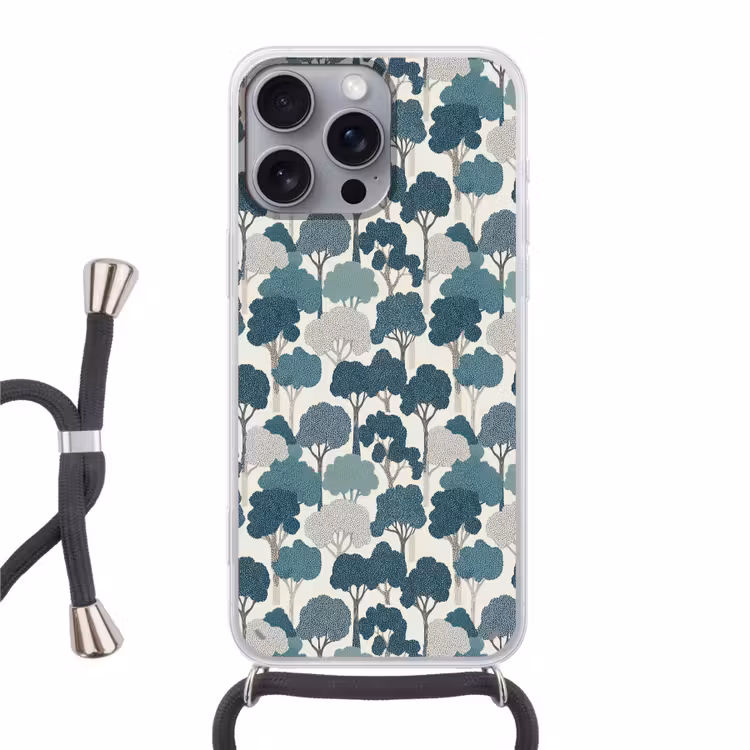 Modern - Bomen - Bos - Patroon - Blauw Hoesje iPhone 16 Pro Max met koord klein 804 -3d