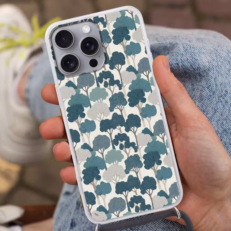 Modern - Bomen - Bos - Patroon - Blauw Hoesje iPhone 16 Pro Max met koord klein 804 -sfeer3