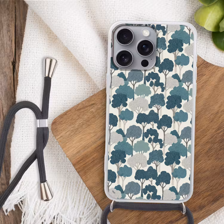 Modern - Bomen - Bos - Patroon - Blauw Hoesje iPhone 16 Pro Max met koord klein 804 -sfeer4