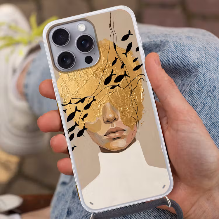 Modern - Vrouw - Goud Hoesje iPhone 16 Pro Max met koord klein -sfeer3