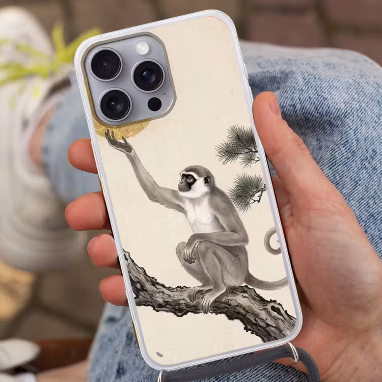 Aap - Maan - Goud Hoesje iPhone 16 Pro Max met koord klein -sfeer3