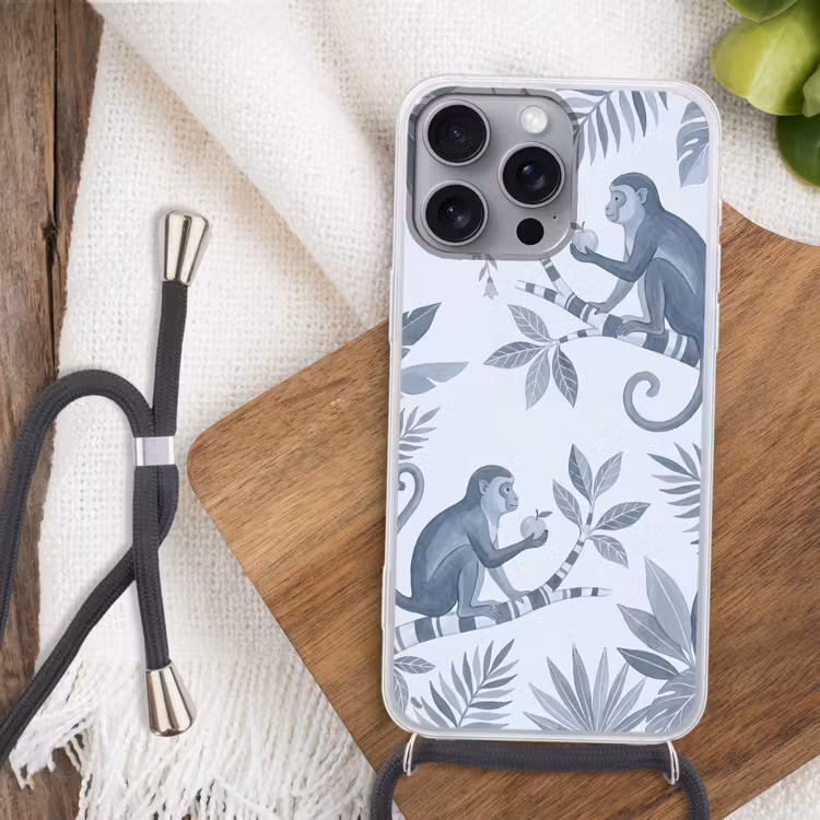 Aap - Boom - Bladeren - Jungle - Illustratie Hoesje iPhone 16 Pro Max met koord klein -sfeer4
