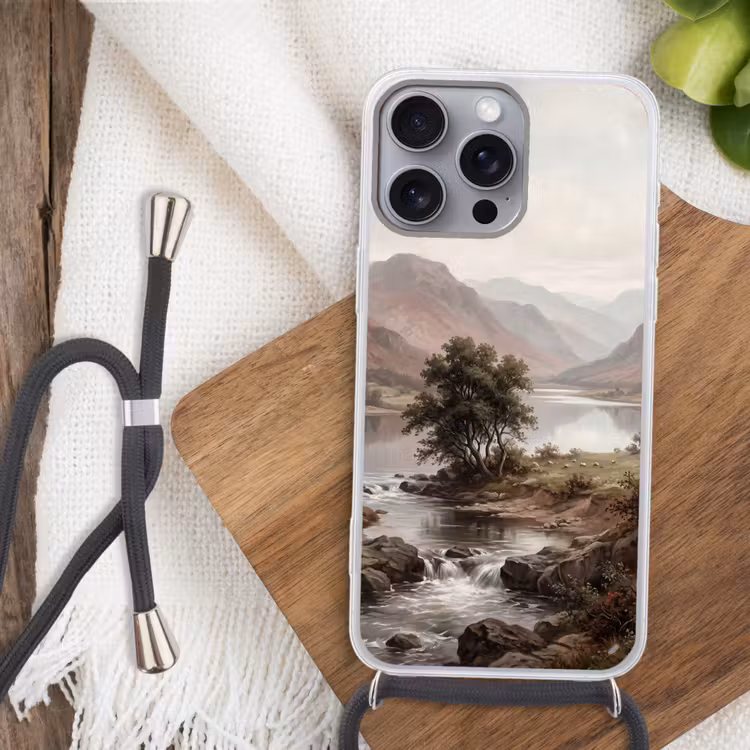 Berglandschap - Meer - Bergen - Vallei - Klassiek Hoesje iPhone 16 Pro Max met koord klein -sfeer4