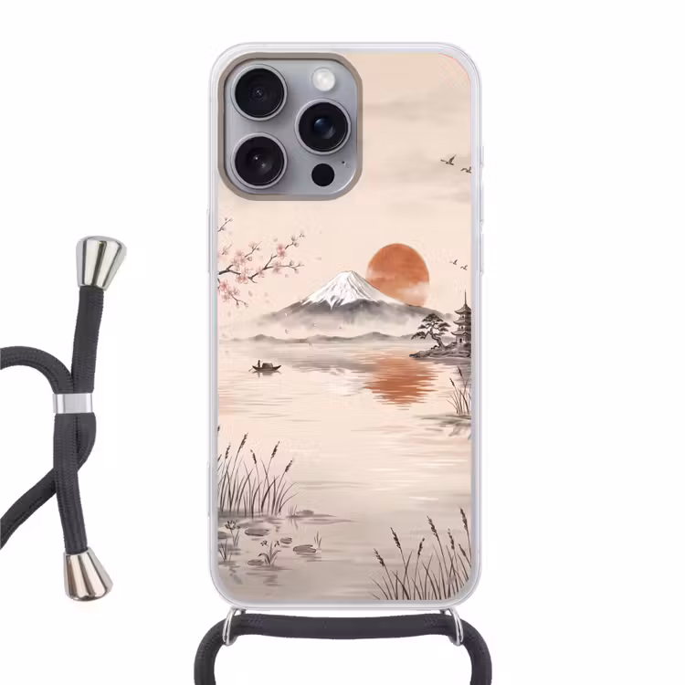 Bergtop - Meer - Bloesem Hoesje iPhone 16 Pro Max met koord klein -3d