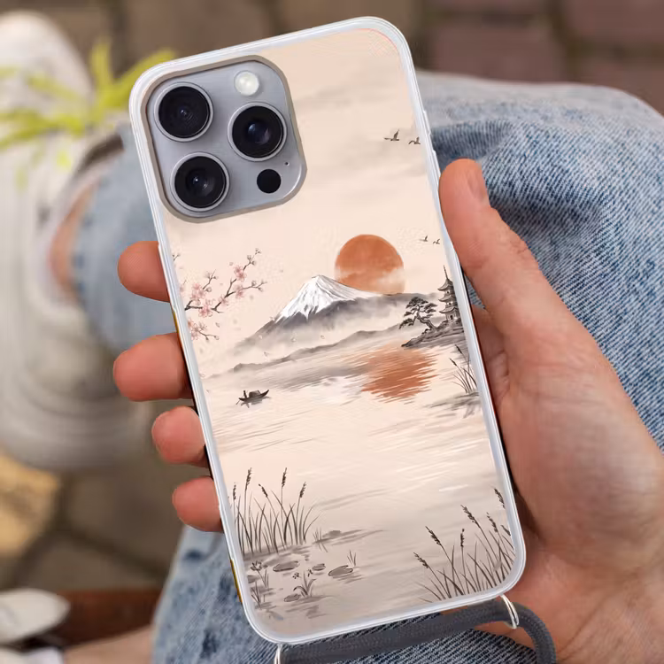 Bergtop - Meer - Bloesem Hoesje iPhone 16 Pro Max met koord klein -sfeer3
