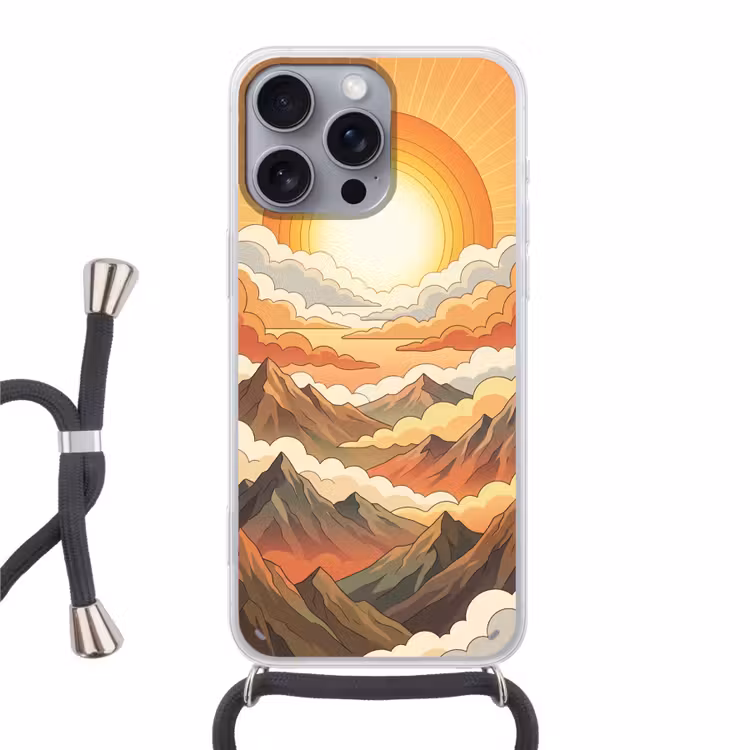 Bergen - Wolken - Natuur - Zonsopgang - Oranje Hoesje iPhone 16 Pro Max met koord klein -3d