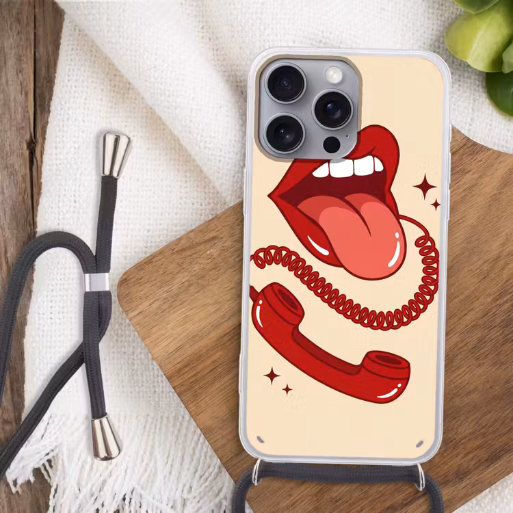 Mond - Telefoon - Popart - Rood - Illustratie Hoesje iPhone 16 Pro Max met koord klein -sfeer4