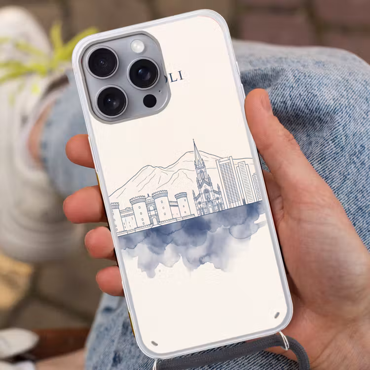 Napels - Skyline - Italie - Lijntekening - Aquarel Hoesje iPhone 16 Pro Max met koord klein -sfeer3