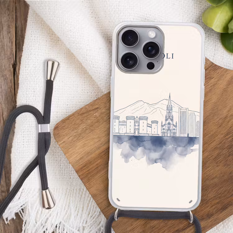 Napels - Skyline - Italie - Lijntekening - Aquarel Hoesje iPhone 16 Pro Max met koord klein -sfeer4