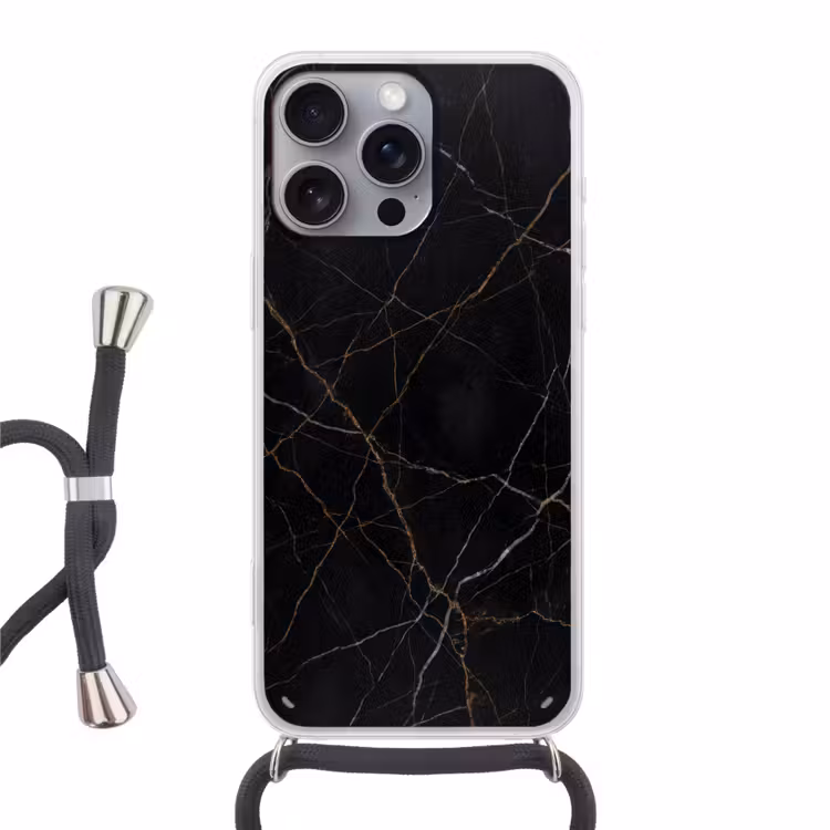 Natuursteen - Marmerpatroon - Abstract - Modern - Zwart - Goud Hoesje iPhone 16 Pro Max met koord klein -3d