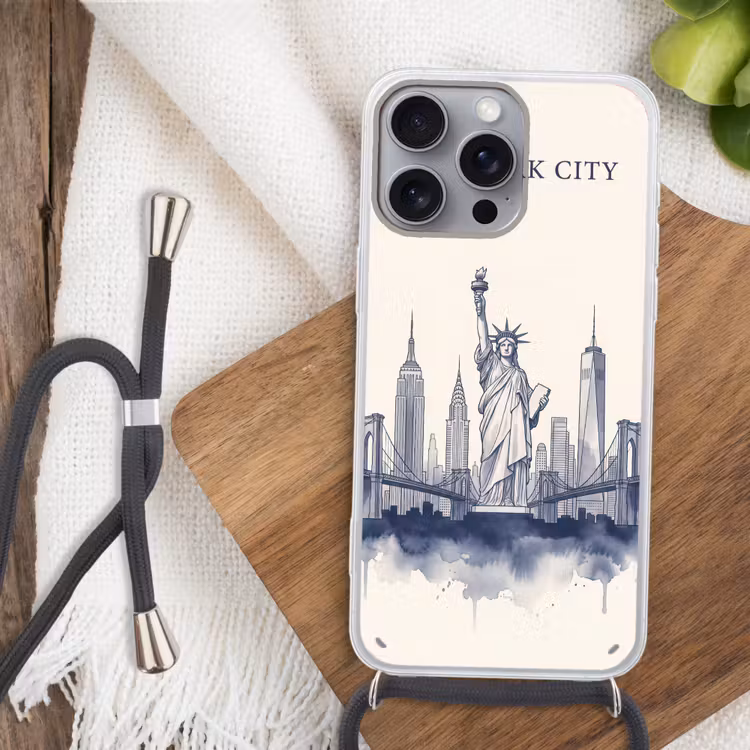 New York - Vrijheidsbeeld - Skyline - Illustratie - Blauw Hoesje iPhone 16 Pro Max met koord klein -sfeer4