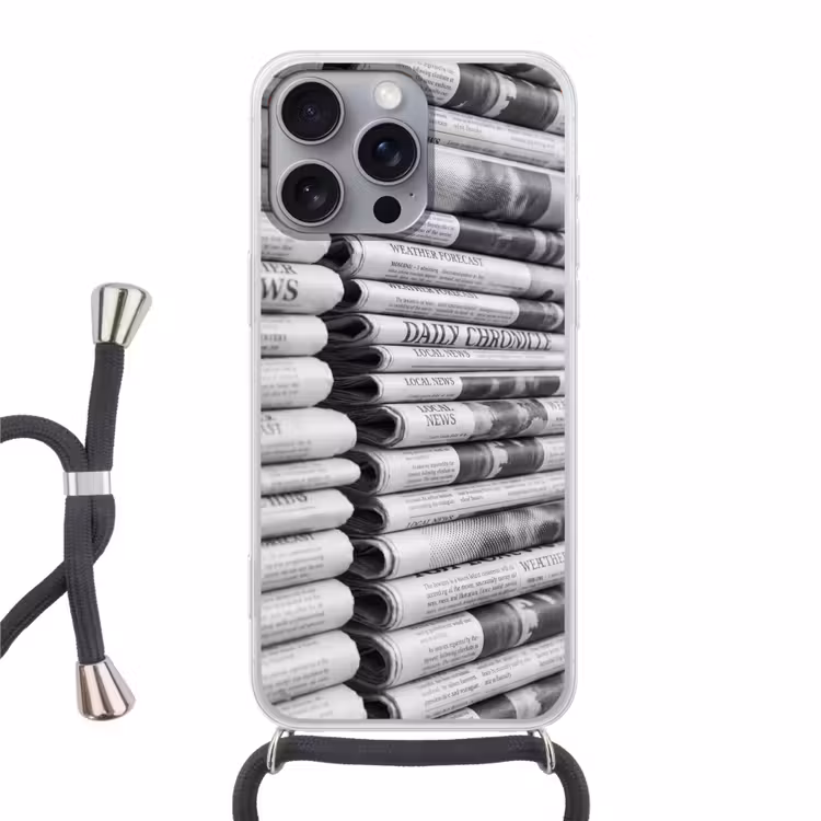 Krant - Stapel - Nieuws - Zwart-wit - Media Hoesje iPhone 16 Pro Max met koord klein -3d