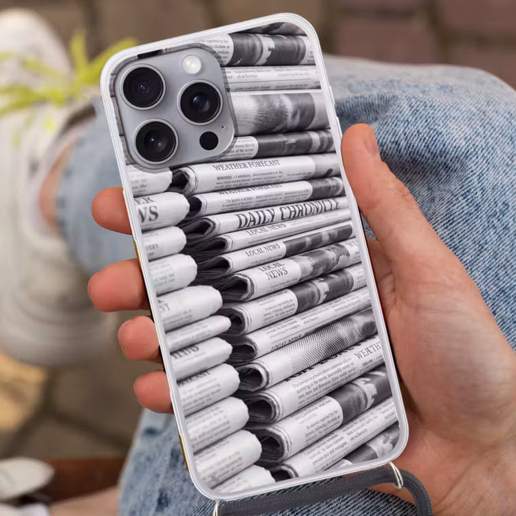Krant - Stapel - Nieuws - Zwart-wit - Media Hoesje iPhone 16 Pro Max met koord klein -sfeer3