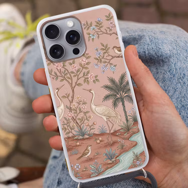 Nostalgisch - Reigers - Roze Hoesje iPhone 16 Pro Max met koord klein -sfeer3