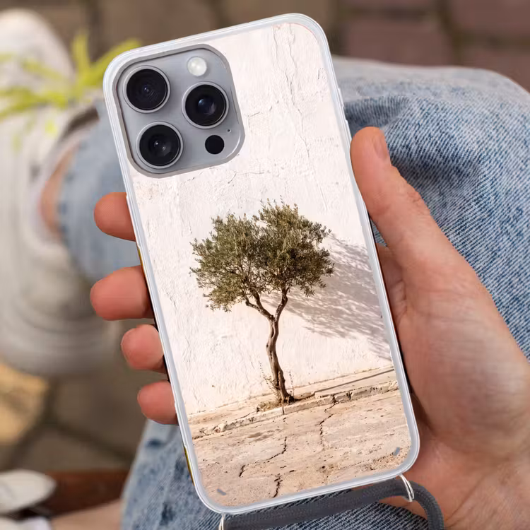 Phone case crossbody - Olive Tree - Wall - White - Olijfboom - muur - wit Hoesje iPhone 16 Pro Max met koord klein