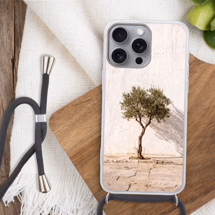 Phone case crossbody - Olive Tree - Wall - White - Olijfboom - muur - wit Hoesje iPhone 16 Pro Max met koord klein