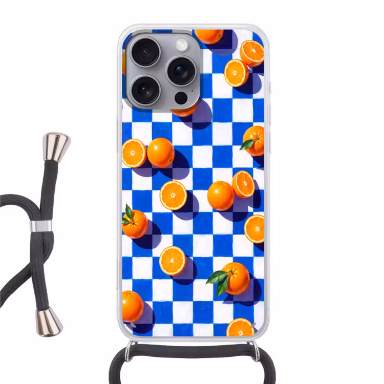 Phone case crossbody - Orange - Checkered - Food - Sinaasappel - Geruit - Eten Hoesje iPhone 16 Pro Max met koord klein