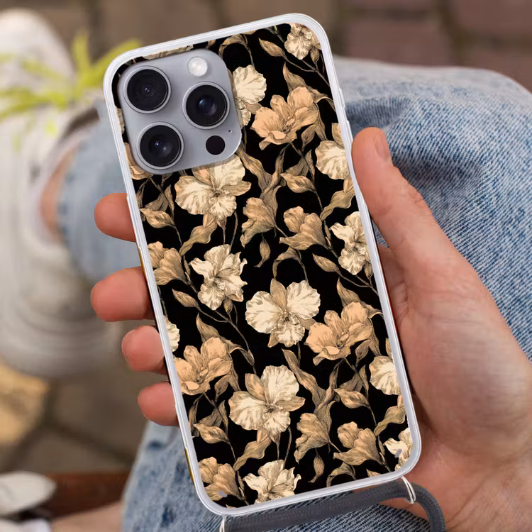 Orchideeën - Lijntekening - Patroon - Beige - Zwart Hoesje iPhone 16 Pro Max met koord klein 804 -sfeer3