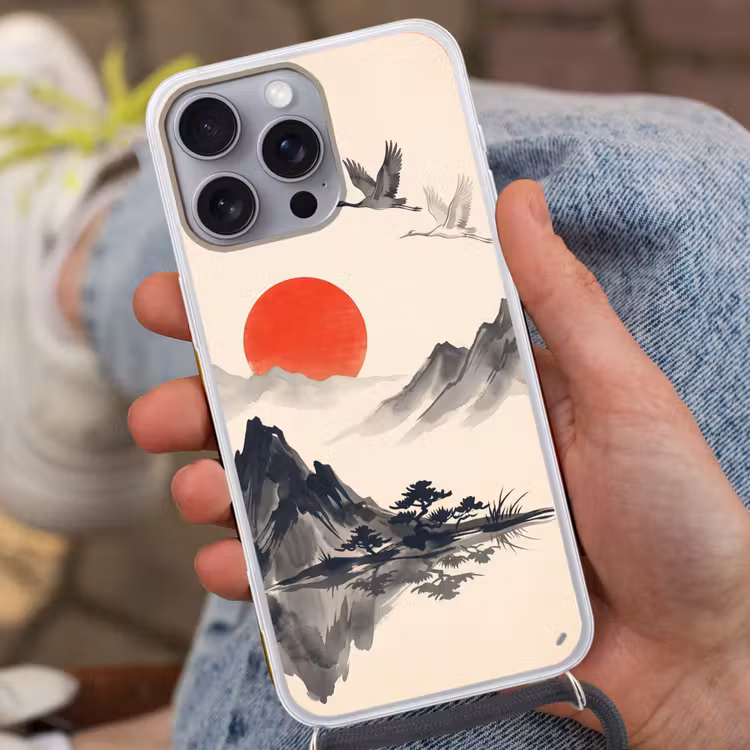 Oosters - Kraanvogels - Landschap Hoesje iPhone 16 Pro Max met koord klein -sfeer3