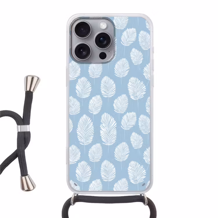 Palmbladeren - Naadloos - Patroon - Pastelblauw Hoesje iPhone 16 Pro Max met koord klein 804 -3d