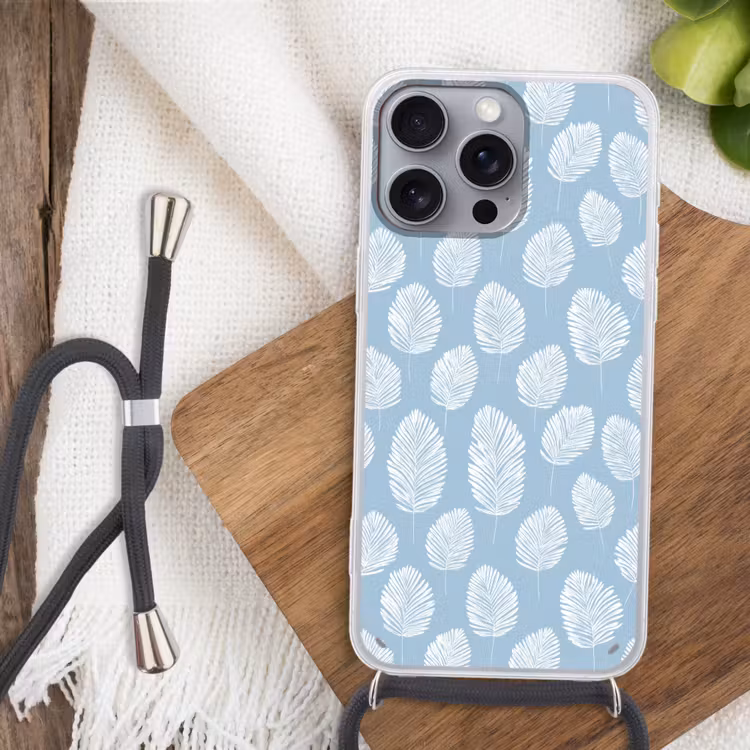 Palmbladeren - Naadloos - Patroon - Pastelblauw Hoesje iPhone 16 Pro Max met koord klein 804 -sfeer4