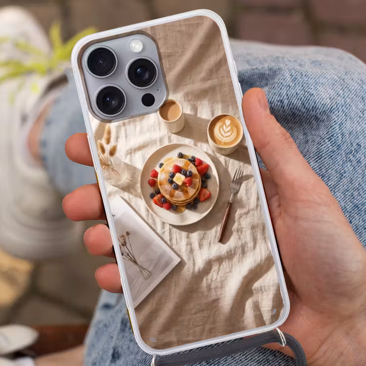 Pannenkoeken - Bessen - Ontbijt - Modern - Beige Hoesje iPhone 16 Pro Max met koord klein -sfeer3
