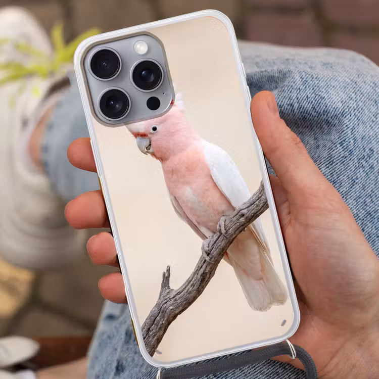 Papagaai - Tak - Roze Hoesje iPhone 16 Pro Max met koord klein -sfeer3