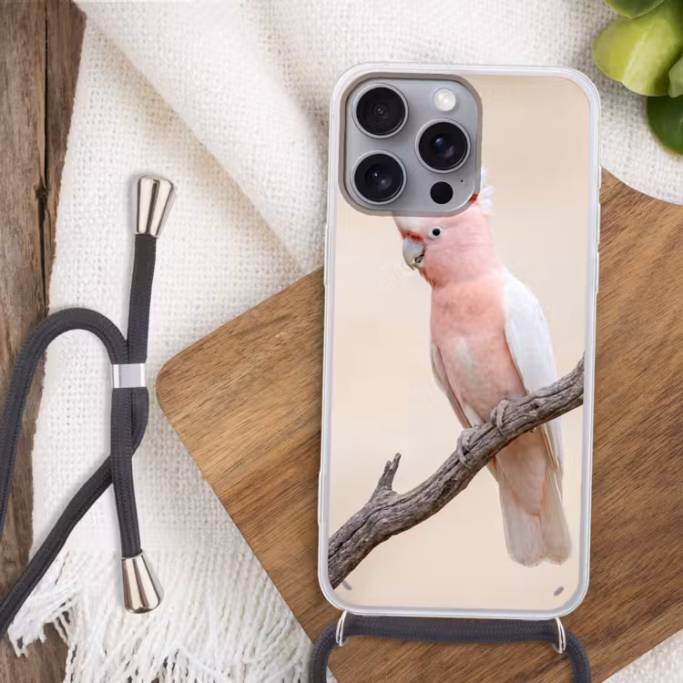 Papagaai - Tak - Roze Hoesje iPhone 16 Pro Max met koord klein -sfeer4